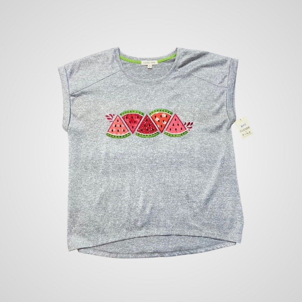 Clover & Pine Watermelon Applique Top Womens XL Gray NEW Short Sleeve Beaded Tee